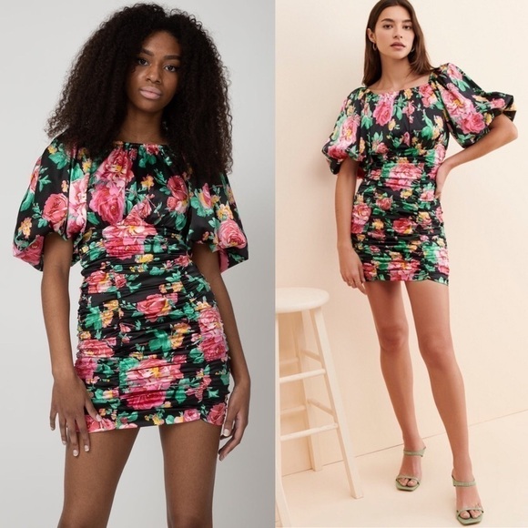 NWT FOR LOVE & LEMONS Floral Satin Puff Sleeve Open Back Ruched Bodycon Dress S - Picture 1 of 14